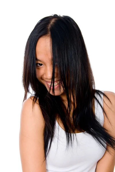 Egy fiatal barna lány szép boldog portréja — Stock Fotó