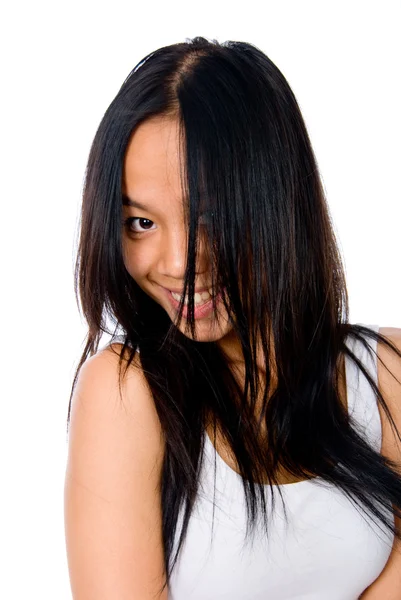 Belo retrato feliz de uma jovem morena — Fotografia de Stock