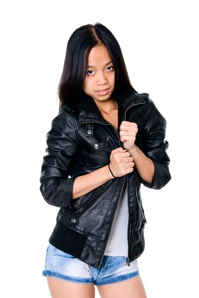 Portrait of brunette in a leather jacket — Stock Photo, Image