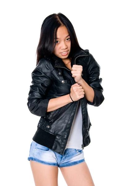 Portrait of brunette in a leather jacket. — Stock Photo, Image