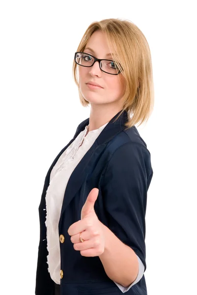 Smiling business woman gesture shows okay — Stock Photo, Image