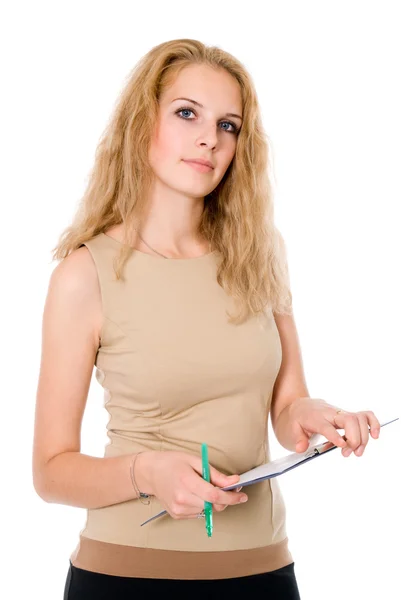 Beautiful young business woman holding document on clipboard — Stock Photo, Image