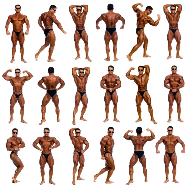 Attraktiva manliga kroppen byggare, visar tävling 18 pose — Stockfoto