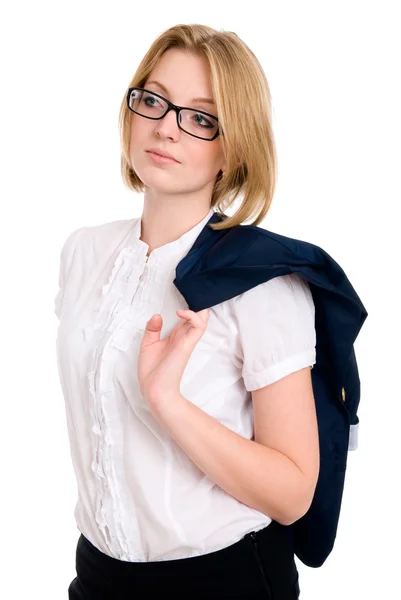 Business woman with glasses looks aside — Stock Photo, Image