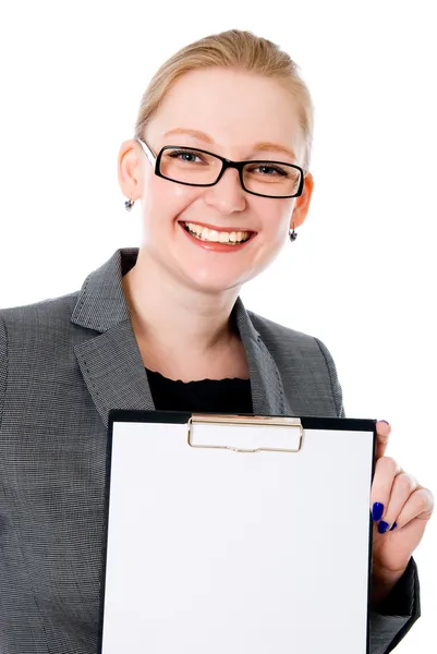 Femme d'affaires béatifique avec une bannière blanche . — Photo