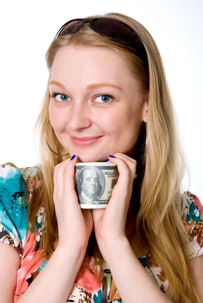 Happy girl holding a bundle of dollars — Stock Photo, Image