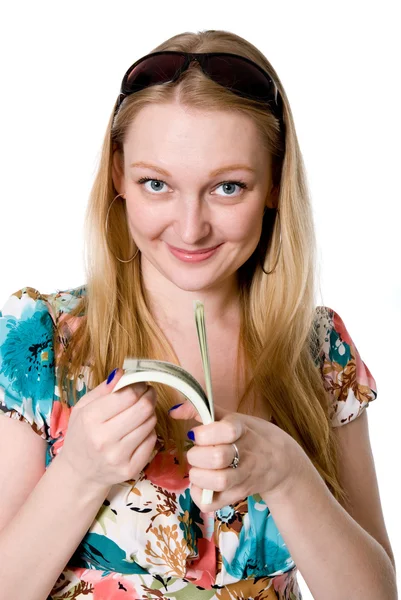 Portrait de belle femme avec paquet de dollars américains — Photo