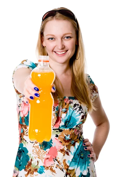 Beautiful girl offering orange juice — Stock Photo, Image