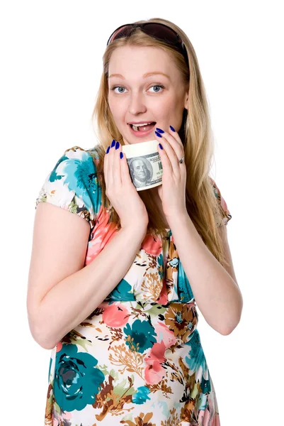 A girl in a flowered dress with a bunch of U.S. dollars — Stock Photo, Image