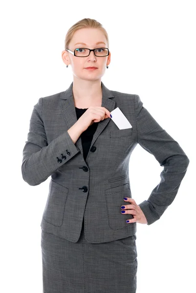 Office woman with a credit card in your pocket — Stock Photo, Image