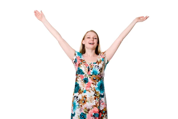 Portrait of cute young lady spreading her arms — Stockfoto