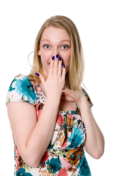 Portrait of young woman covering her mouth with hand — Stock Photo, Image