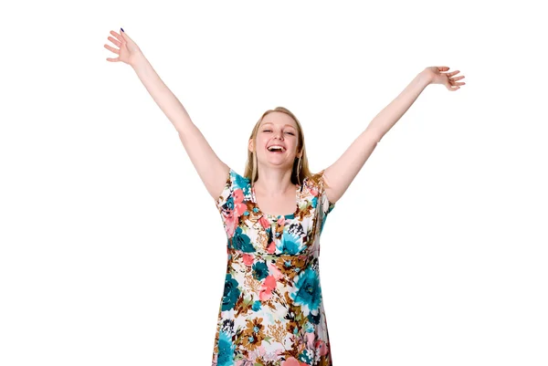 Porträtt av söt glad ung dam sprida hennes armar — Stockfoto