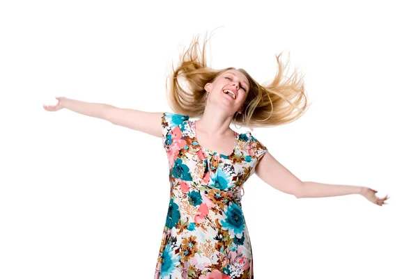 Retrato de linda joven feliz extendiendo sus brazos — Foto de Stock