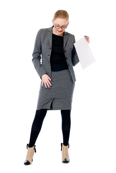 Active business woman with a blank sheet of paper — Stock Photo, Image