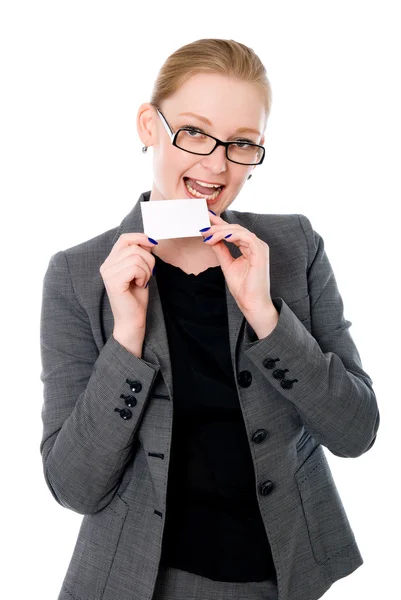 Business woman tries on a tooth credit card — Stock Photo, Image