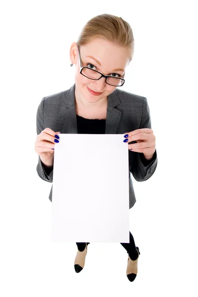 Young smiling woman show blank card. — Stock Photo, Image