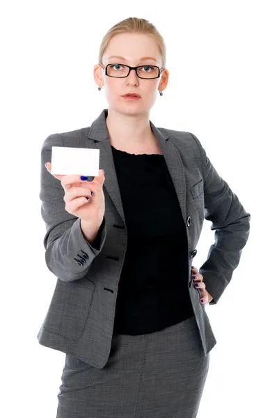 Retrato de mulher jovem com cartão bussiness — Fotografia de Stock