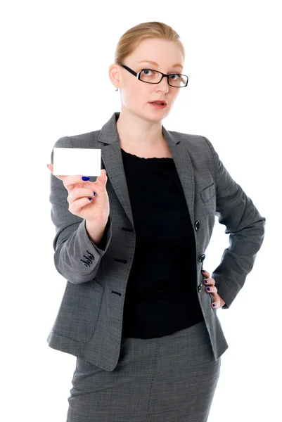 Portrait of young woman with bussiness card — Stock Photo, Image