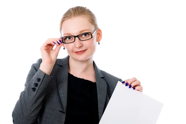 Ruimte vrouw gelukkig bedrijf leeg teken kopiëren — Stockfoto