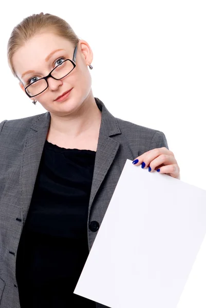 Ruimte vrouw gelukkig bedrijf leeg teken kopiëren — Stockfoto