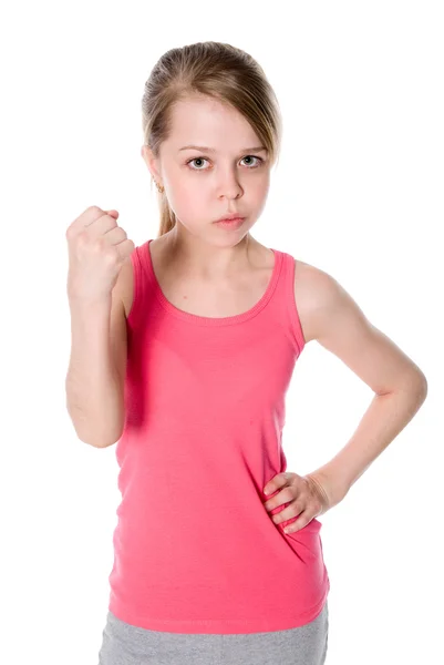 Gloomy portrait young girls, shows fist — Stock Photo, Image