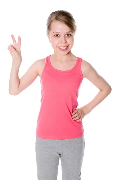 Beautiful Girl Giving Victory Sign — Stock Photo, Image