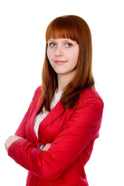 Kendine güvenen iş Kızıl saçlı kız portresi. izole