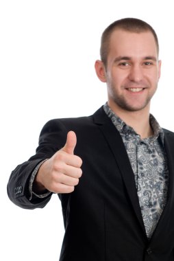 Gülümseyen işadamı başparmağıyla