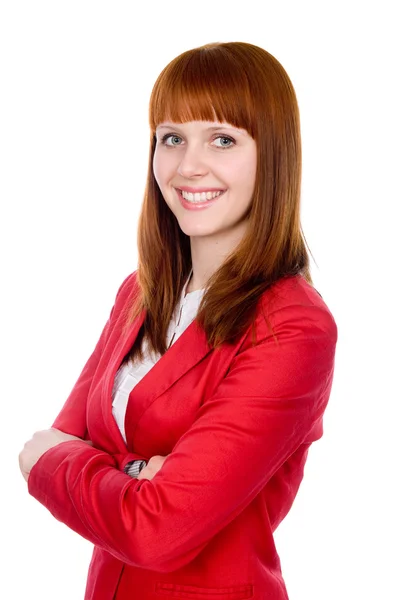 Portrait of a cheerful business woman in a red jacket. — Stock Photo, Image