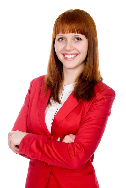 Retrato de uma mulher de negócios alegre em uma jaqueta vermelha — Fotografia de Stock