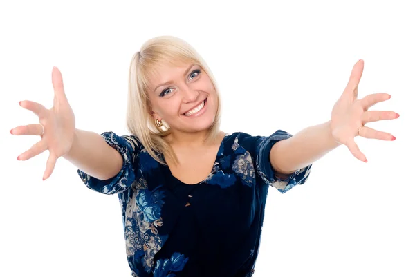 Portrait of happy young woman raising his arms — Stock Photo, Image