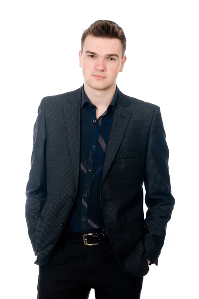 Retrato de um jovem empresário de sucesso. Mãos e bolsos . — Fotografia de Stock