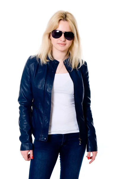 Young girl in a leather jacket and dark glasses — Stock Photo, Image