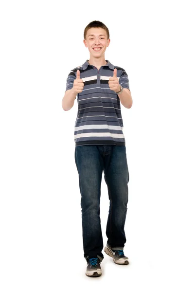 Happy casual young man holds his thumbs up — Stock Photo, Image