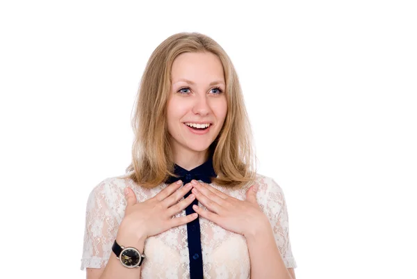 Retrato de una chica sorprendida con las manos . — Foto de Stock