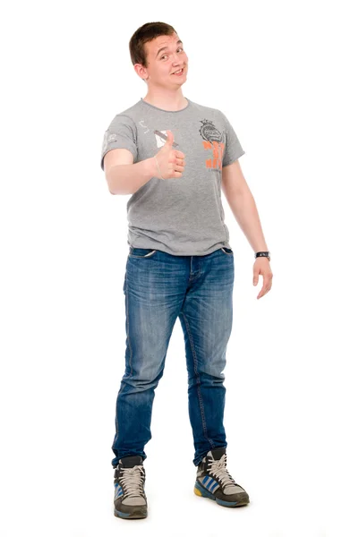 Happy casual young man showing thumb up — Stock Photo, Image