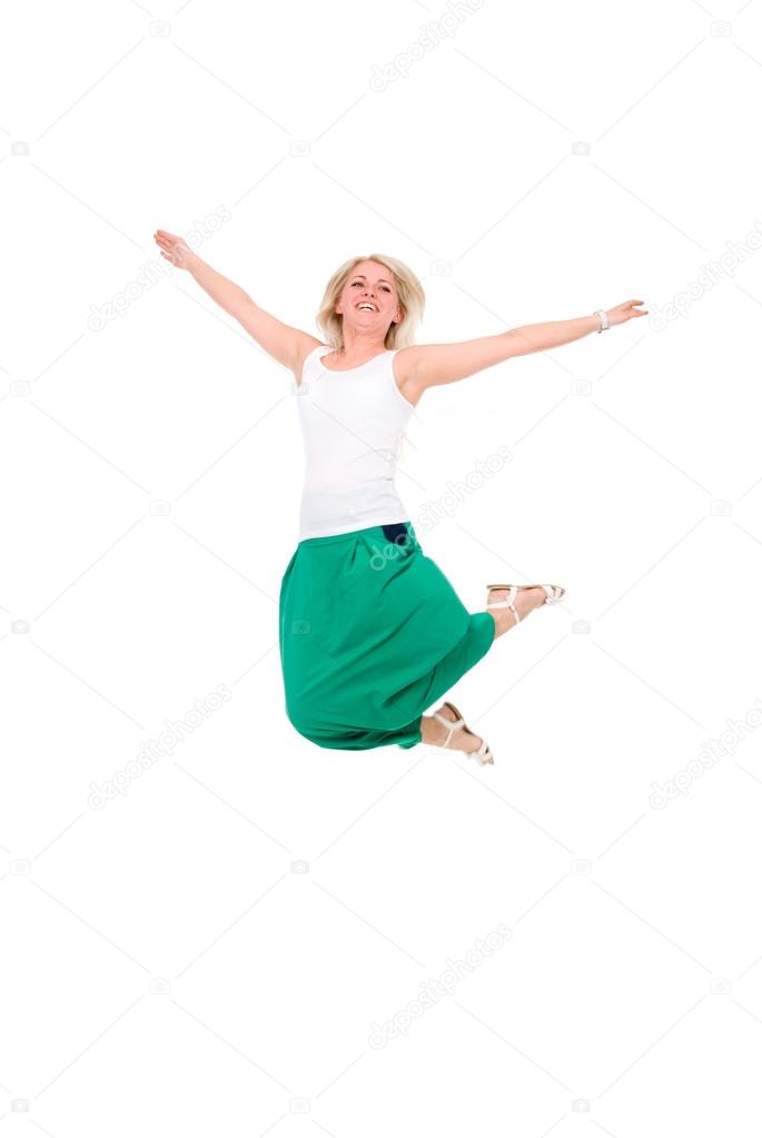 Happy jumping girl. Isolated on white background