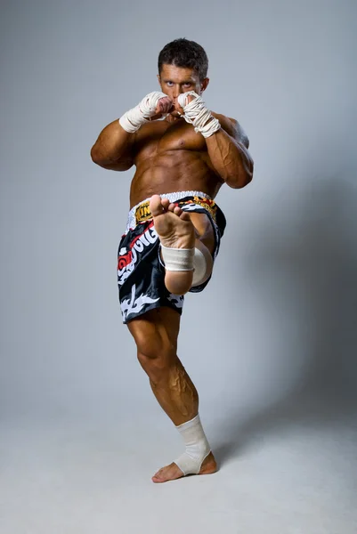 deneyimli avcı eğitimi sırasında yumruk atıyor. kickboks veya muay