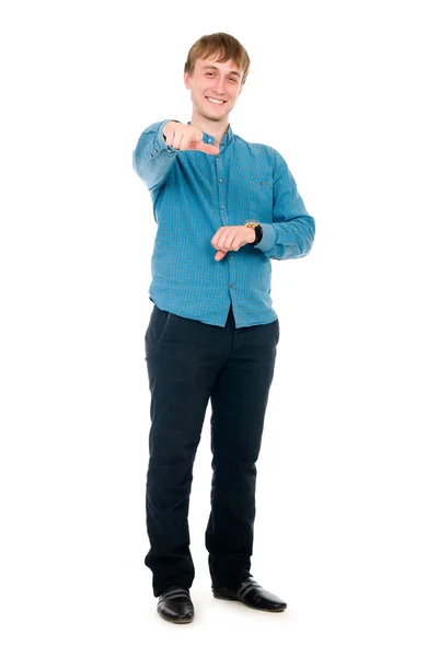 Portrait of a young man with a clock. Shows a finger at the came — Stock Photo, Image