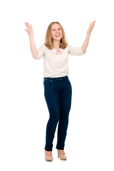 Chica feliz con los brazos levantados. Aislado — Foto de Stock