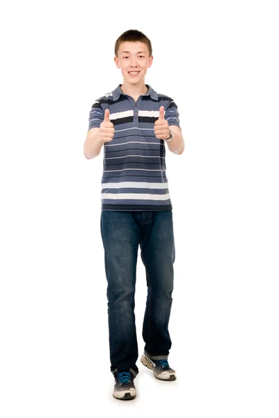 Happy casual young man holds his thumbs up — Stock Photo, Image