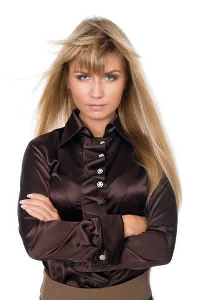 Portrait of young female standing with folded hands — Stock Photo, Image