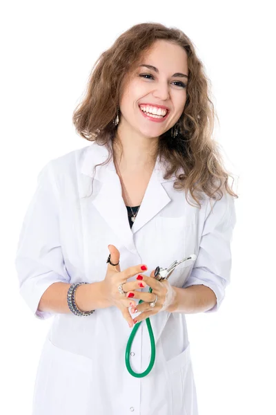 Chica alegre mirando en la dirección de un médico . —  Fotos de Stock