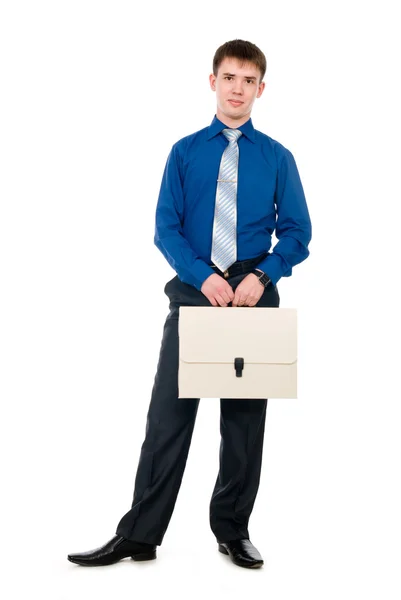 Uomo d'affari con valigetta bianca in piedi su sfondo bianco — Foto Stock