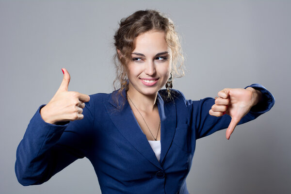 Girl woman shows signs yes and no