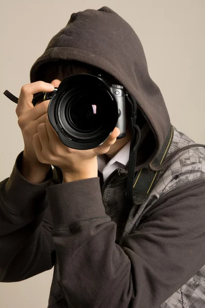 Portrait of male photographer with camera — Stock Photo, Image