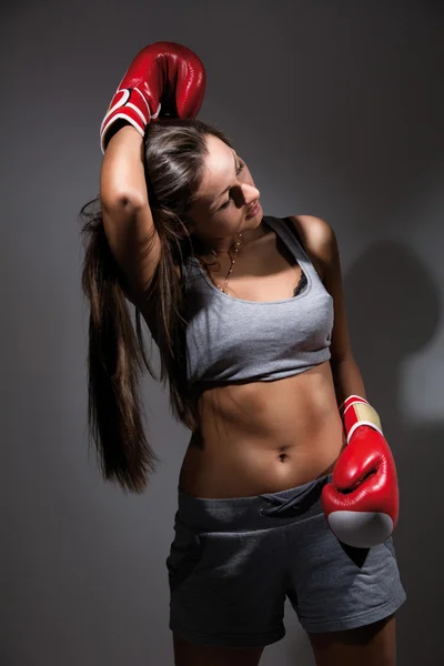 Young beautiful tired woman during fitness and boxing — Stock Photo, Image