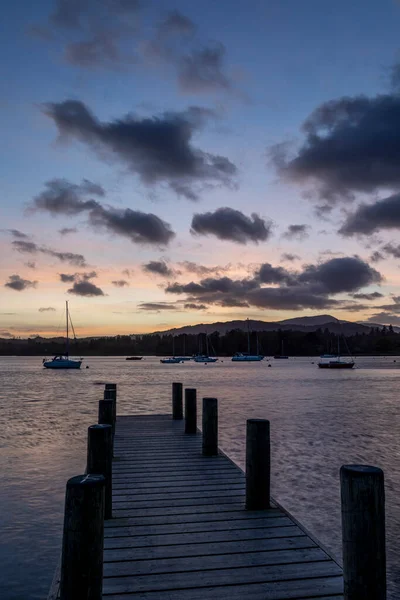 Sunset Lake Windermere Jetty Boats Anchor — Stock Photo, Image