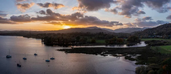 Elevated Panoramic View Sunset Lake Windermere Boats Anchor — Stock Photo, Image
